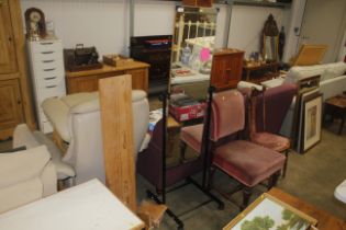 A cheval mirror and two pine wall shelves