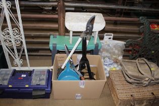 A white painted stool, a garden kneeler and a box