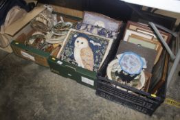 Three boxes containing various owl decorated plate