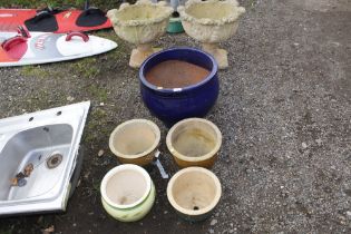 A large blue glazed planter and four smaller AF