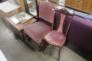 An oak framed upholstered chair and a bedroom chai