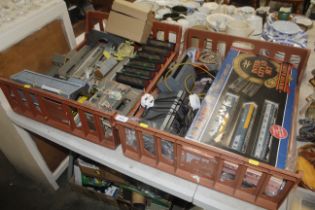 Two boxes of Hornby and other model railway items