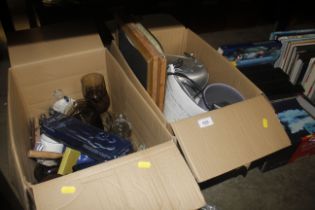 Two boxes of kitchenalia, Bush radio etc.