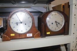 Two oak cased two whole mantel clocks