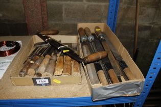 A box of assorted wood chisels together with a box