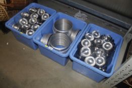 Three boxes containing plate rings and stainless s