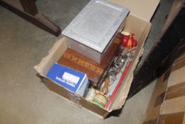 A box containing various cutlery, inlaid box etc.
