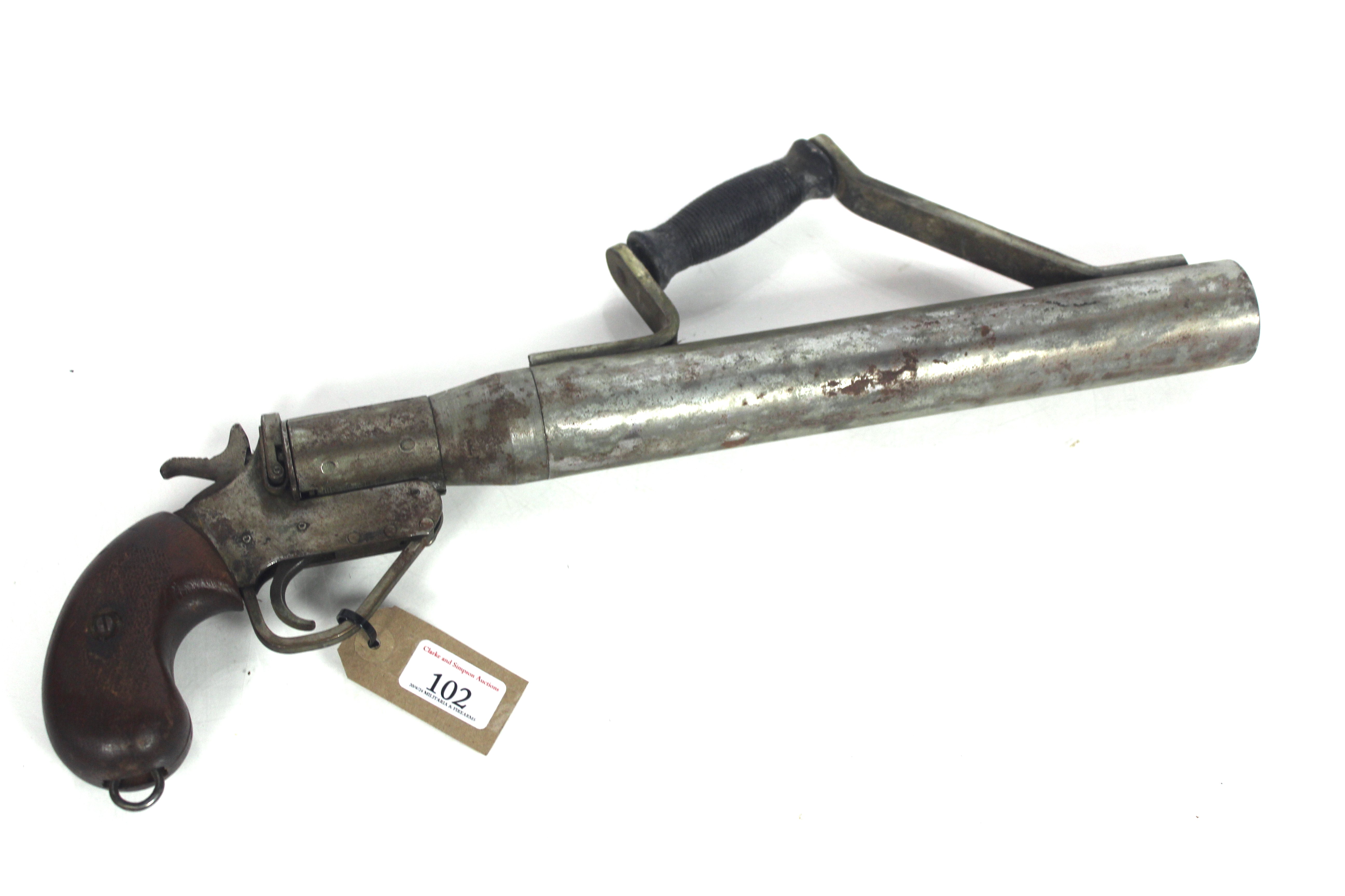 A vintage "Schermuly" style line throwing gun (no