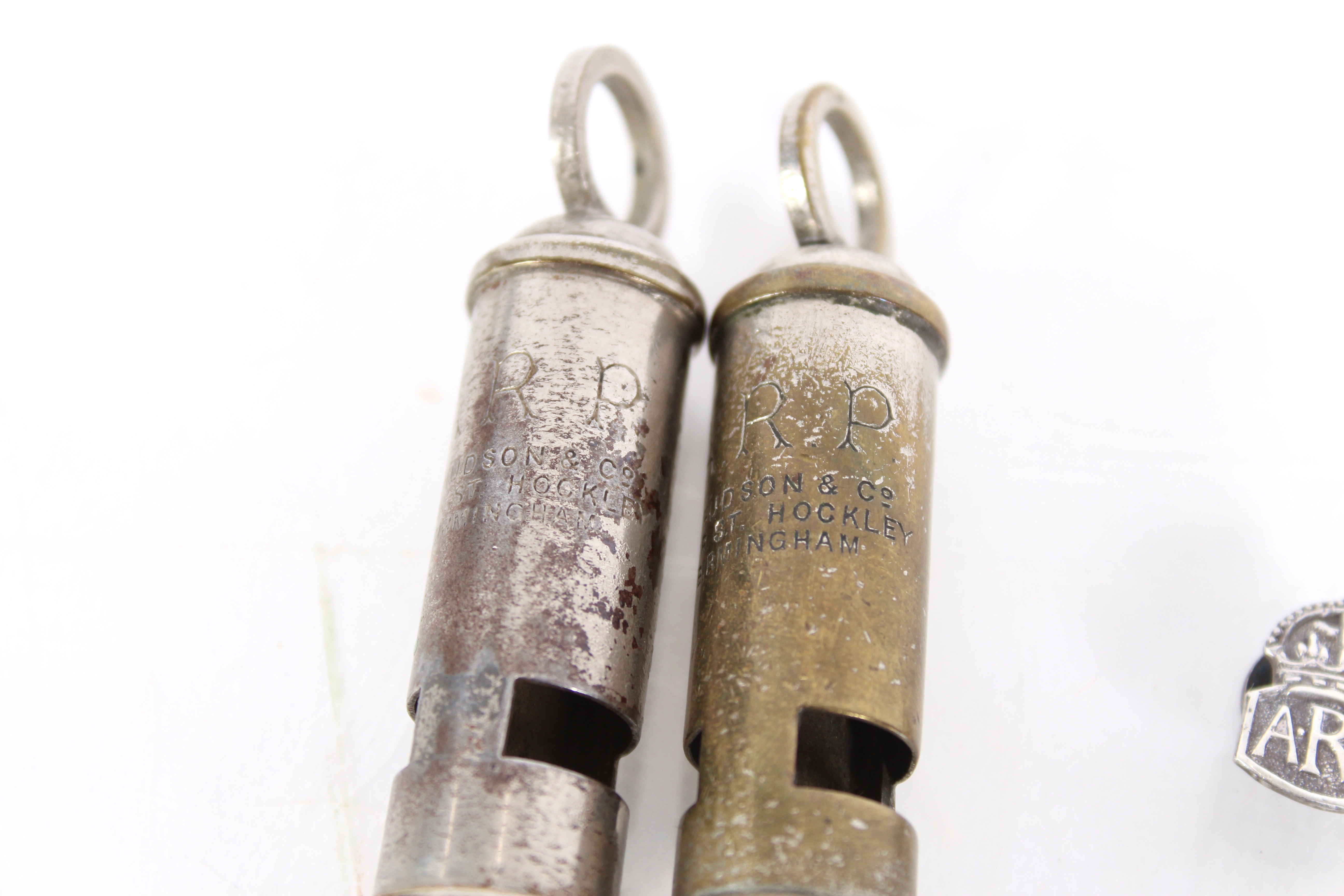 Two A.R.P. lapel badges with two A.R.P. whistles - Image 3 of 7