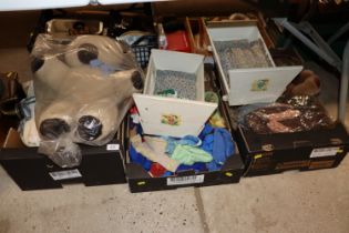 Three boxes containing various soft toys, dolls cl