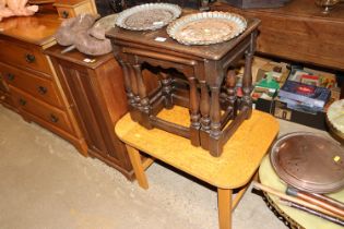 A nest of three oak occasional tables and a burr w