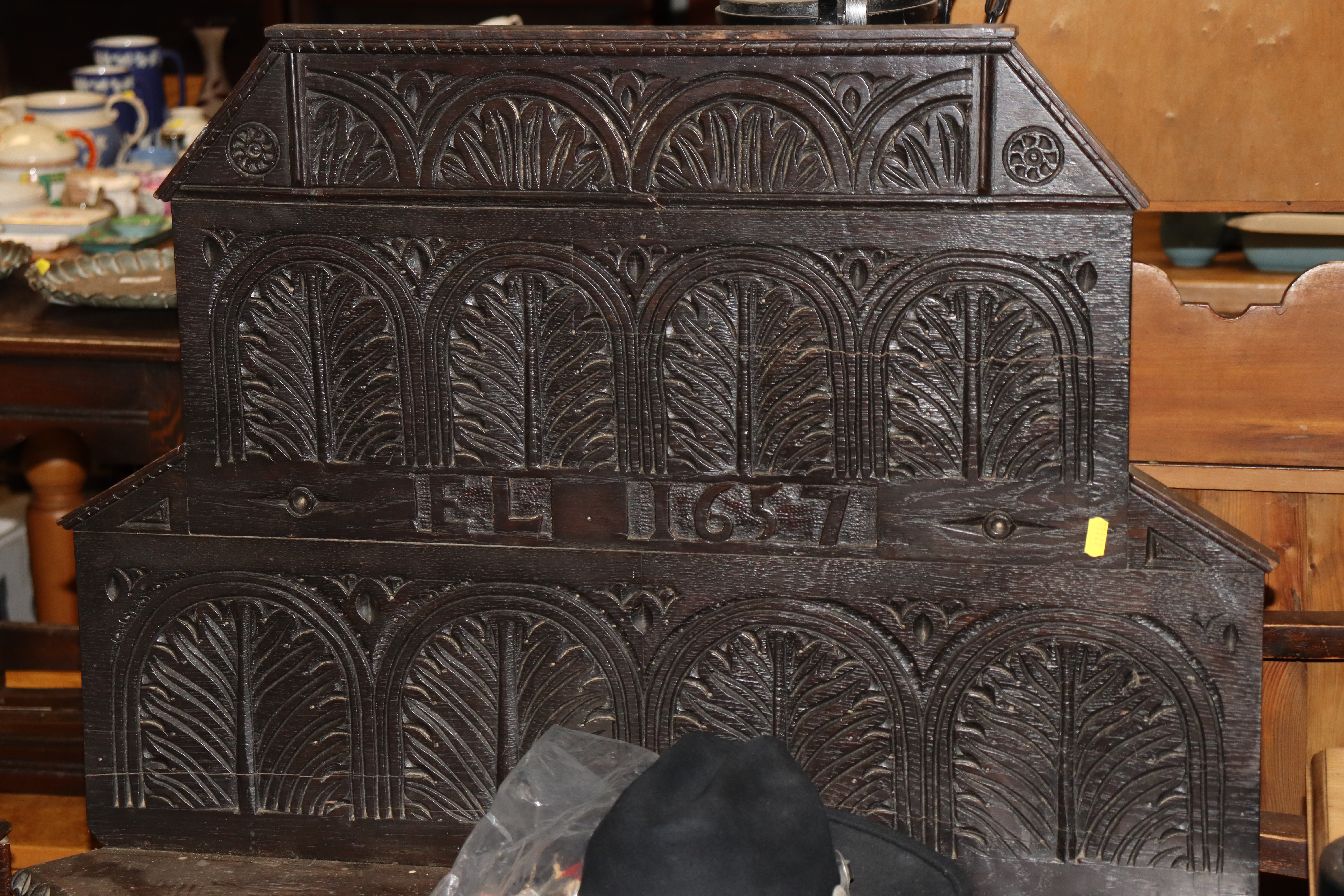 An antique oak corner table, the carved panel back - Image 2 of 3