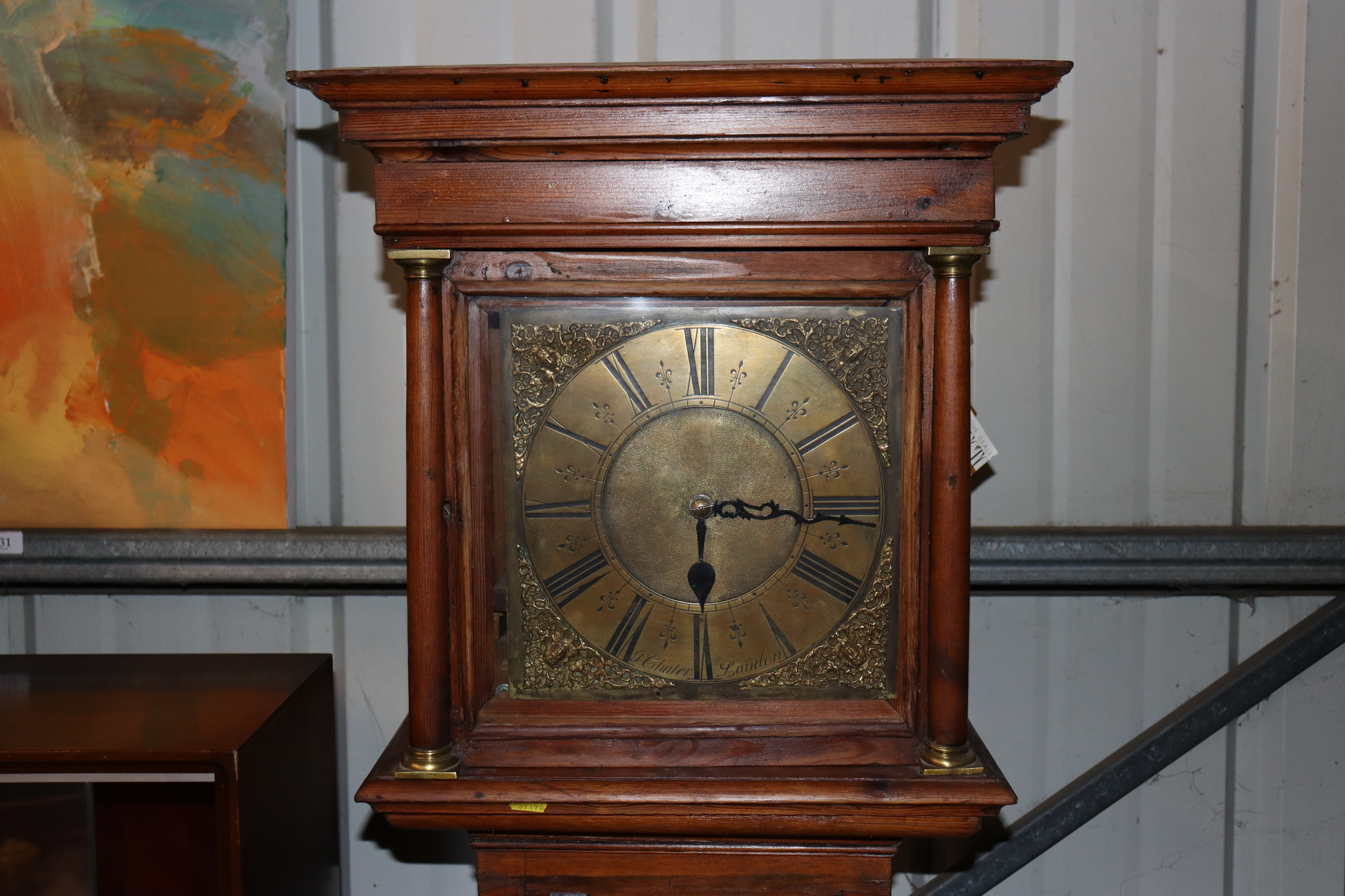 A pine long case clock with brass dial inscribed J - Image 3 of 11