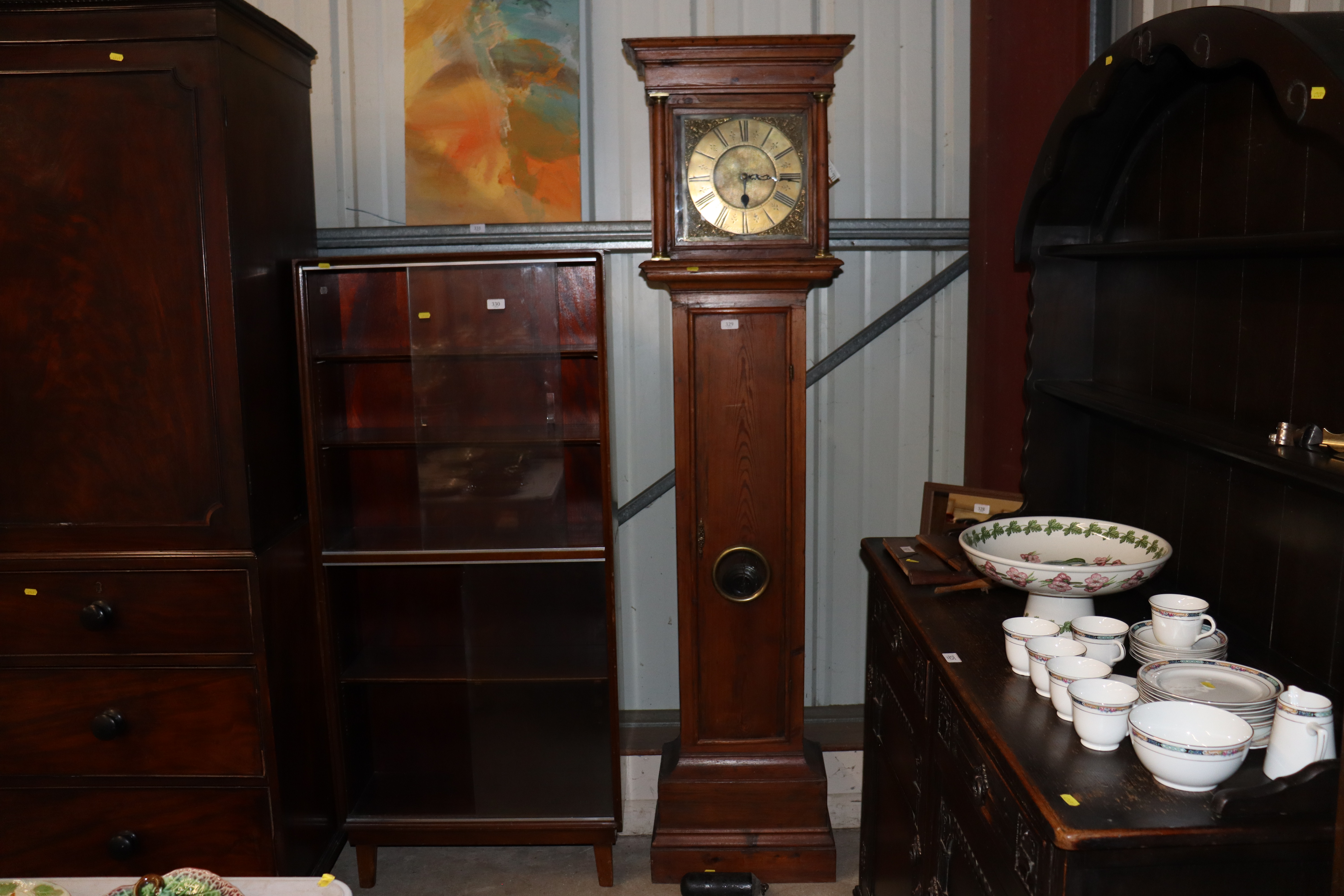 A pine long case clock with brass dial inscribed J - Image 2 of 11