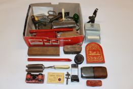 A box of vintage items to include crumb brush, mic