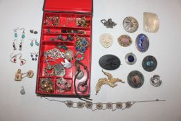 A jewellery box and contents of various jewellery