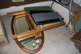 An oval bevel edged wall mirror; various trays; fo