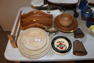 A collection of various wooden ware, foot measures