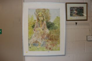 Watercolour study of a seated lady in summer garde