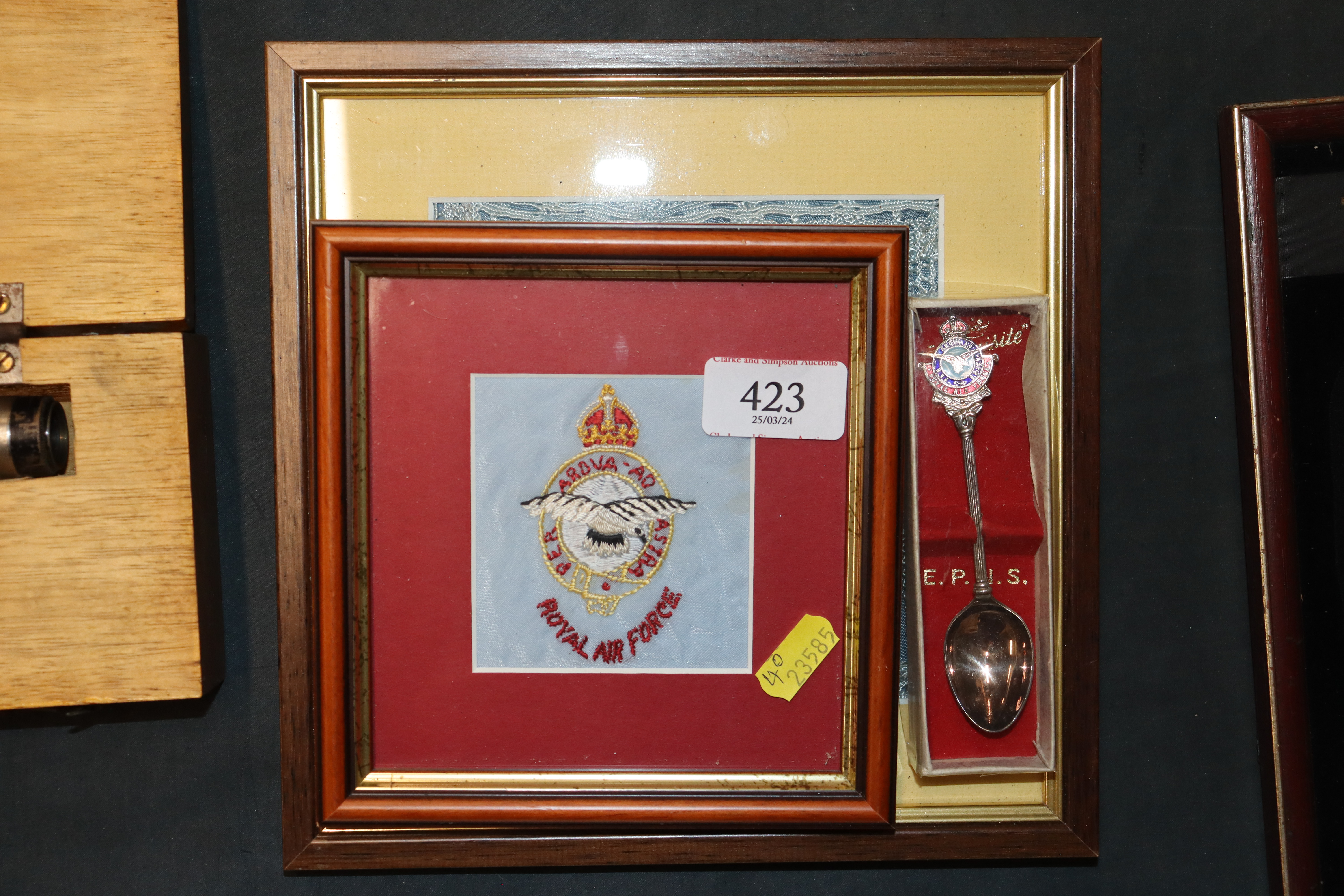 An RAF WWII framed embroidery with RAF spoon etc.