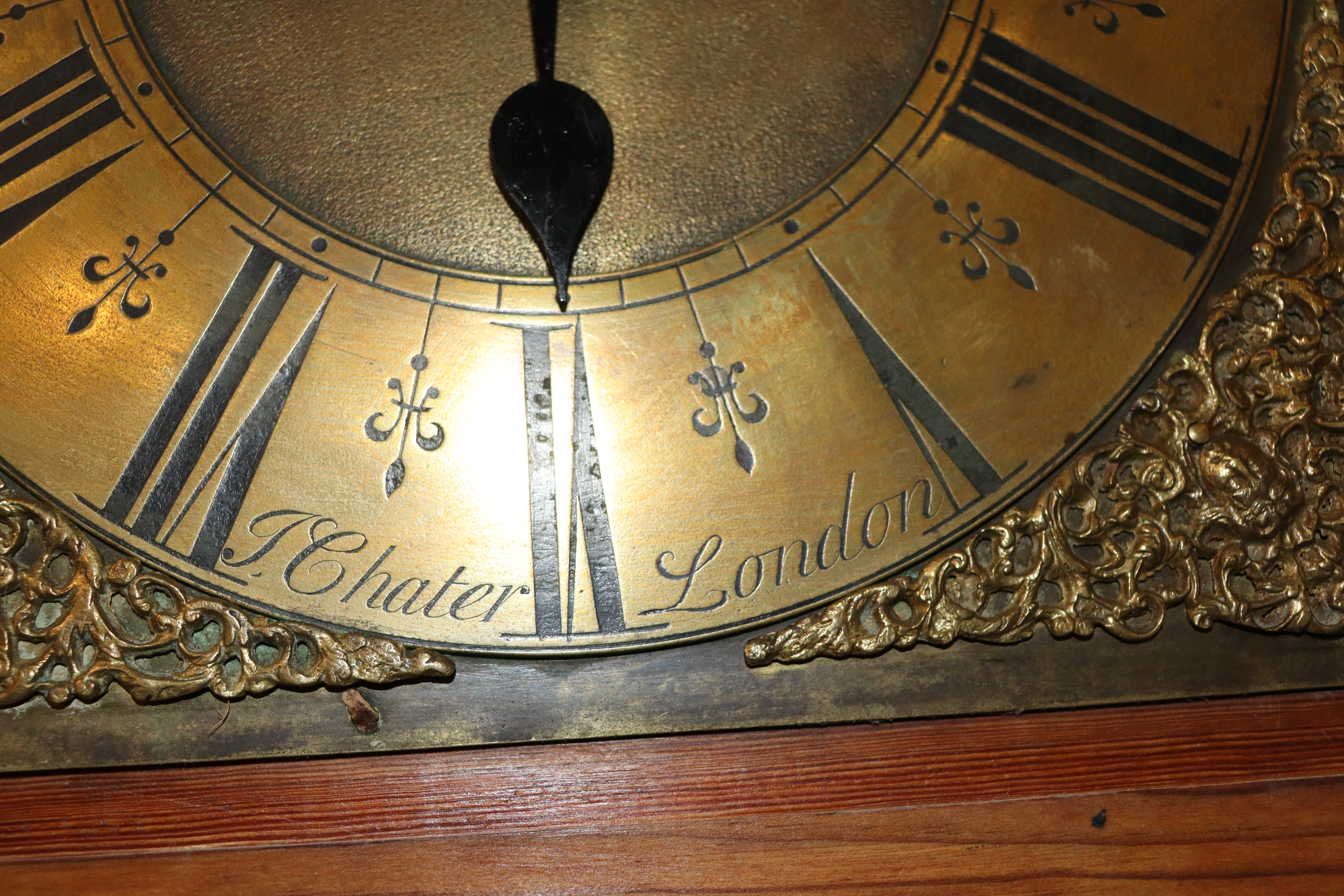 A pine long case clock with brass dial inscribed J - Image 4 of 11