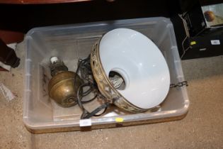 Two brass oil lamps, converted; and a pedant ceili