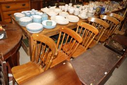 Six pine and beech seated spindle back kitchen cha