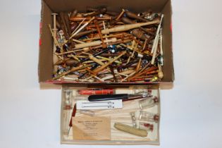 A box of various wooden and bone lace bobbins, jew