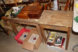 A vintage school desk; and a pine side table