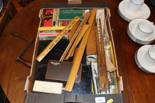 A box of miscellaneous drawing instruments, pens,