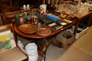 A reproduction yew wood dining table and four matc