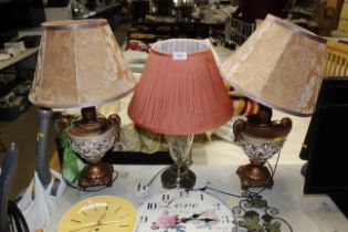 A pair of table lamps and shades, and a brass and