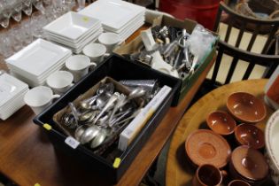 Two boxes of various cutlery and kitchen utensils