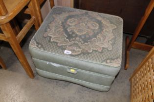 A floral upholstered footstool and contents of cra