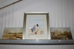 C Stewart, watercolour study of Children playing on a beach; K W Hastings, oil on canvas of a