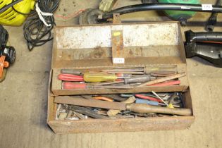 A metal tool box and contents