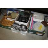 Three boxes containing various sundries and kitche