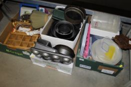 Three boxes containing various sundries and kitche