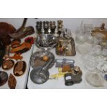 A collection of metal ware to include silver plated goblets, crumb tray and brush, candle stand,