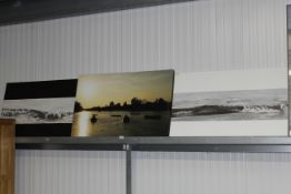 An unframed print on canvas, study of boats and two oil on canvas's studies of seascapes