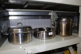 Two stainless steel saucepans and steamer dish