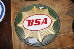 A reproduction metal BSA advertising sign (220)