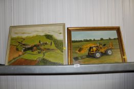 J Plumber, oil on canvas study of a Lancaster bomber and A Smy oil on canvas study of a digger