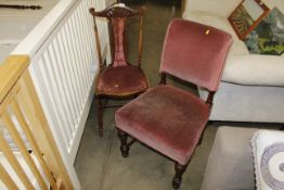 An oak framed upholstered dining chair and a bedroom chair