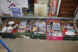 Five boxes containing videos; magazines; kitchenal