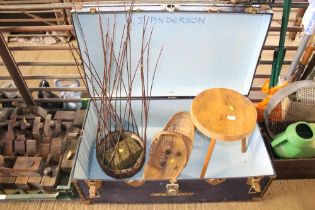 A storage trunk and contents of a stool, wicker ba