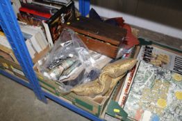 A box of sewing items and textiles