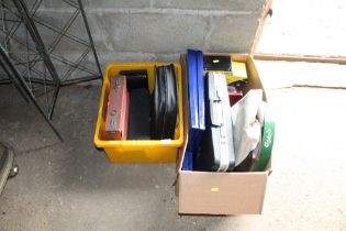 Two boxes containing various tins, briefcase, bags