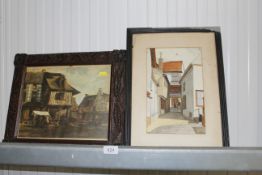 A framed print contained in carved oak frame and a watercolour study of a street scene