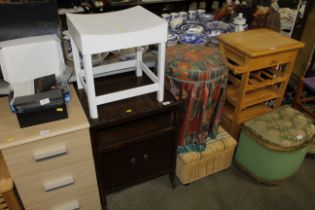 Three various stools and a trolley fitted with cup